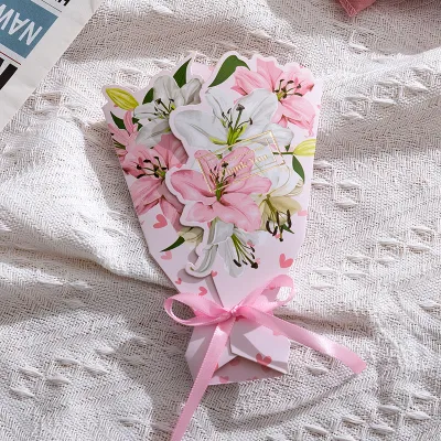 3D Bouquet Flower Card Ribbon Greeting Blessings Thank you Birthday Gift Mothers Fathers Day Message Card 父亲母亲生日贺卡