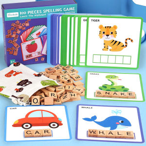 Treehole Wooden 100 Pieces Spelling Game - English Alphabet Flash Card Cognitive Card for Early Education - ABC Learning Toys for Kids - 儿童英文拼音卡片闪卡