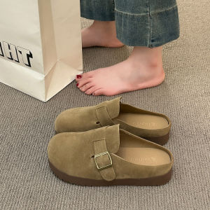 Free Shipping 2026 Slip-On Thick-Soled Retro Closed-Toe Half Slippers For Outdoor Wear New Style With Belt Buckle For Women Spring And Summer