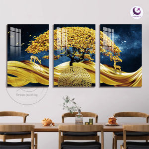 3pcs/Set Golden Rich Tree Wall Painting Deer Landscape Lucky Stone for Living Room Decor Wall Display Decoration