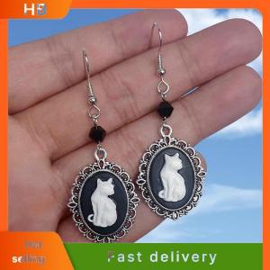 HB Vintage Gothic White Cat Pattern Drop Earrings Women Vintage Silver Color Frame Creative Hook Earrings Party Jewelry