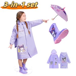 BUY1 TAKE2 Cartoon Raincoat 3PC Set School Waterproof Extended Raincoat and Umbrella Rain Shoes