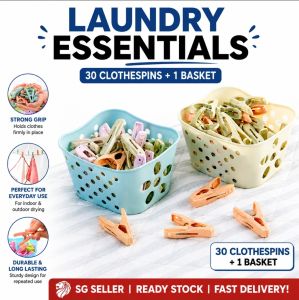 Laundry Essentials 30 Clothespins + 1 Basket - Strong Grip Perfect for Everyday Use Durable & Long Lasting Indoor & Outdoor Drying Ready Stock Fast Delivery