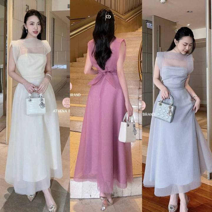 (พร้อมส่ง) Athena Set 3 ชิ้น Dress+เสื้อคลุม+เข็มกลัดดอกไม้ Maxi Dress ...