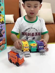 Childrens Transformable Reversible Car School Bus Toy Pull-Back Double-Sided Flip Car Cartoon Boys Construction Vehicle Set
