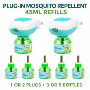 Electric Mosquito Repellent Liquid Plug In Set 45ml Long Lasting Refill Heater for Bedroom Living Room 1 or 2 Plugs with 3 or 5 Bottles