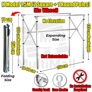 H MODEL - 1.5M ( 3 POLES NO WHEEL) Stainless Steel Extendable Drying Rack| Foldable Laundry Rack| Drying Rack| Laundry| Laundry Organiser| Drying Rack clothes| Drying clothe Folding| Cloth Laundry Drying Rack Retractable| Space Saving storage
