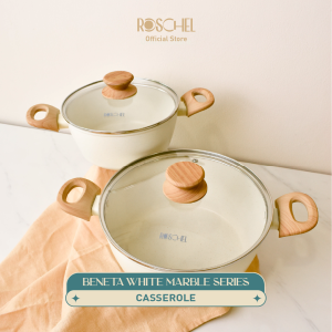 Roschel Beneta White Marble Coating Non-Stick Casserole 20 24 cm + Tutup Kaca Panci Wajan Penggorengan Dutch Oven Anti Lengket Induksi Putih