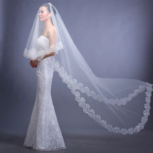Women Pure White Wedding Veil for 3M Long Embroidered Floral Lace Scalloped Edge
