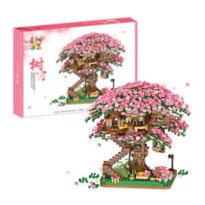 Pink Girl Sakura Tree House Compatible with Small Particle Building Blocks Toy Gift Decoration