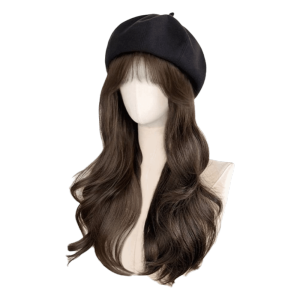 NO4 PANDA Fashionable Womens Integrated Wig Hat Layered Realistic Long Curly Hair Hat Wig Casual Hairpiece Beret Cap Wig with Bangs Outdoor