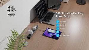 TROND Power Strip 360 ° Rotating Flat Plug 4 Widely Spaced Outlets 4 USB Ports 6ft Extension Cord 1440J Surge Protector for Home Office Black