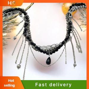 HB Retro Water Drop Key Heart Shaped Round Bead Tassel Pendant Necklace Multi Layer Black Crystal Girl Fashion Jewelry