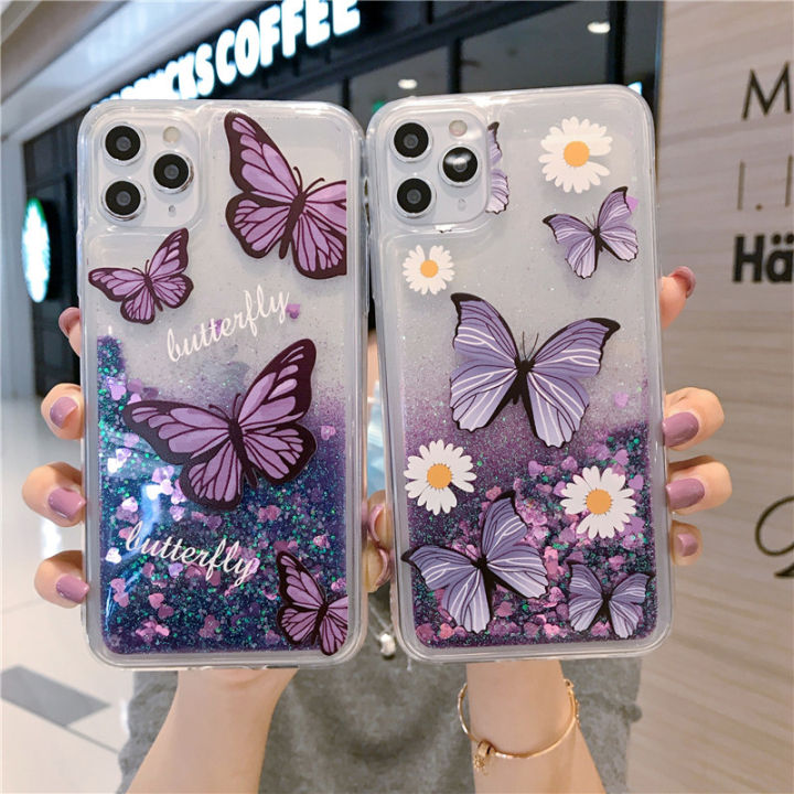 Glitter Liquid Quicksand Purple Butterfly Daisy Flower Soft Phone