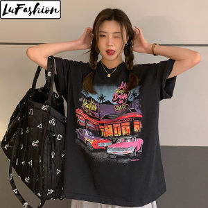 LuFashion Tops for Women Korean Print Loose Cotton Short Sleeve Casual T-Shirts