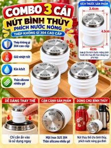 NÚT ĐẬY PHÍCH NƯỚC NÓNG THAY THẾ COMBO 3 CÁI | THÂN SILICONE TRẮNG NHIỀU GỜ MẶT INOX KHẮC SUS 304