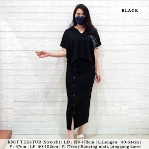 4370 karina button knit one set polos rib rok knit wanita rok span
