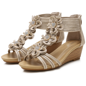 36-42 Leather Heels Ladies Wedges Sandals Open Peep Toes Ankle Strap Mid Heels Roman Sandals Zipper Dinner Bohemia PU Leather Upper Shoes Ladies Office Wear