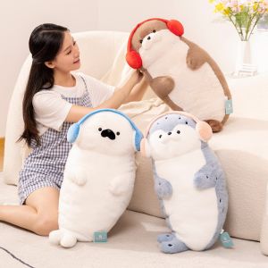High Quality Cartoon Earphone Seal Sea Otter Plush Toy Ball Round Cushion Throw Pillow for Kids Birthday Gift School Nap Sleep