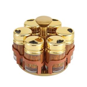 Luxury Gold Lid Spice Jars 6pcs Set with Revolving Stand Glass Kitchen Organizer