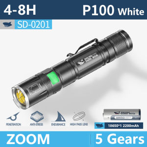 Smiling Shark Led Torchlight SD0201 P100 4000LM Super Bright Protable Flashlight with Pen Clip Usb Rechargeable Zoomable Waterproof Torch Light Outdoor Camping Hiking Adventure Lighting