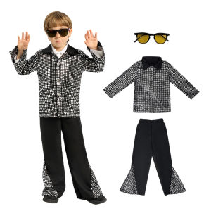 LOlanta Kids Retro Hippie Girl Fancy Retro Costume Boy Black with Psychedelic Pattern Shirt and Flares Pants 70 80s Dress Up 4-10Years