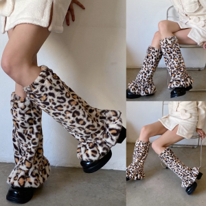Women Harajuku Winter Plush Leg Warmers Gothic Punk Vintage Leopard Animal Print Foot Cover Baggy Loose Ruffled Knee Sleeve Socks