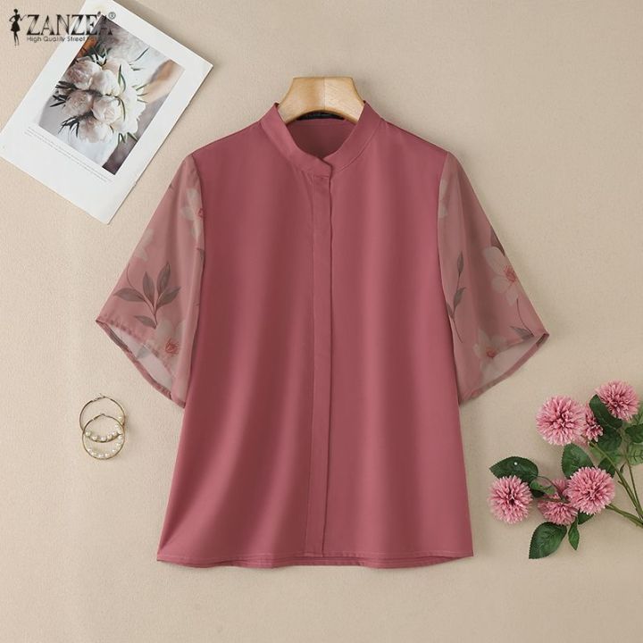 ZANZEA%20Korean%20Style%20Women%20Stylish%20Stand%20Collar%20Short%20Sleeve%20Blouses%20Floral%20Print%20Patchwork%20Daily%20Top%20#1201%20-%20Image%205