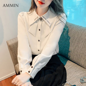 AMMIN Mùa Xuân Và Mùa Thu Bảng Chữ Cái Pháp Phong Cách H Mới Thêu Chic Dài Tay Ve Áo Với Nơ Đính Cườm Thiết Kế Cà Vạt Áo Cánh Vải Voan Phong Cách Nữ Phiên Bản Hàn Quốc Đi Lại Một Hàng Khuy Áo Blouse Thanh Lịch