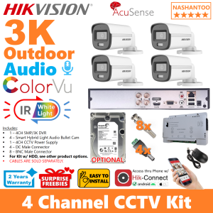 HIKVISION 4CH 3K(New 5MP 16:9) 4Cameras CCTV Package Smart Hybrid Light ColorVu Audio Outdoor 4CH DIY CCTV Package Kit NASHANTOO 4/4HLCRA5 CPS(4B) (with optional HDD) (Cables sold separately)