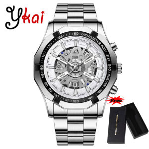 [With Free Box] Ykai Fashion Mens Watches 2023 Luxury Brand Dual Calendar Luminous Prismatic Diamond Dial Stainless Steel Strap Waterproof Quartz Wristwatch Fashion Casual Golden Watch S033