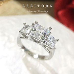 Sasitorn Jewelry แหวนเพชรเหลี่ยม 3 เม็ด เพชรคุณภาพดี 3 ของขวัญ สวยหรู ใส่ออกงาน ใส่สลับแท้ แหวนเงินแท้ รุ่น ST116