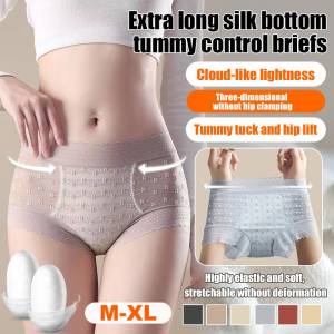 💕Ice silk💕Super long mulberry silk bottom crotch tummy-controlling panties for women medium and high waist Japanese style thin lace light tummy-controlling briefs for women summer breathable