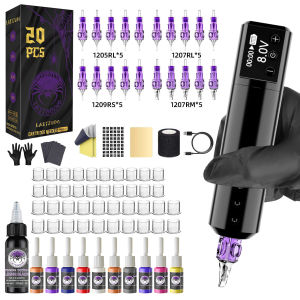 ชุดเครื่องสัก LASTJUDG-ปากกาแทททูพร้อมตลับเข็มสัก20ชิ้นและแหล่งจ่ายไฟไร้สาย1500MAh เครื่องสักหมุนและอุปกรณ์สักสำหรับศิลปิน