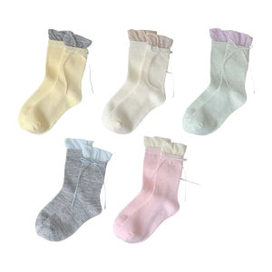 Womens Japanese Sweet Ribbon Bowknot Accent Crew Socks Elegant Students Color Block Ruffle Top Splicing Cotton Socks
