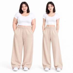Cotton Brushed Wide Leg Sweatpants Bagy 2 Pockets Women
