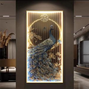 Tranh Đính Đá Pha Lê Đèn LED Chim Công cao cấp Hiện Đại trang trí nhà quán cafe Spa salon...
