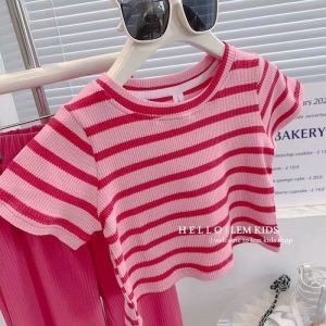 Kids Set Korea 2Pcs Suit Kids Set Stripe Shirt And ice Silk Pants Wide Leg Pant Baby Girl Clothing