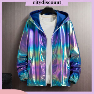 <citydiscount> Men Windbreaker Men Pockets Coat Mens Colourful Hooded Sunscreen Jacket with Pockets Stylish Streetwear Coat for Spring Autumn Zipper Placket Design