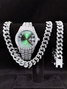 Hip Hop Watch for Men Bling Bling Diamond - studded Watch + Chain Bracelets+Cuban necklace Combo Gift Choice for Teen Boys into Hip Hop Fashion(1*watch 1*bracelet 1*necklace）