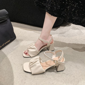 Plus Size Straight with Fish Mouth Sandals Womens Fashion Versatile Block Heel Casual Wear High Heels Fairy Style Korean Version Pleated