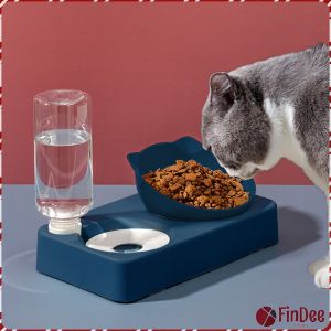 FinDee ถ้วยข้าวน้องแมว มาพร้อมที่ให้น้ำอัตโนมัต 2 in 1  ชามทรงหน้าน้องแมวสีทึบ สวยงาม อุปกรณ์สัตว์เลี้ยง หม้อแมว Cat bowl