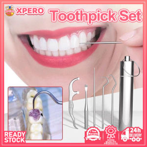 7 Pcs Toothpick Set，Dental Floss Set Interdental Brush Metal Stainless Steel Cleaning Tooth Flossing Portable Pendant Flossers Oral Care kit Reusable for Outdoor Picnic Travel Camping Fruit Fork Toothpick Box Holder