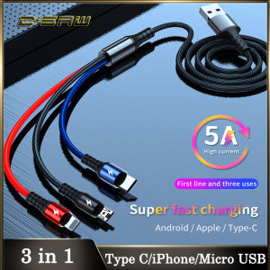 C-SAW 5A 3 in 1 USB Cable For iPhone Charger Fast Charging Micro USB Type C SuperCharging Cable Support 40W Huawei SuperCharge 65W OPPO VOOC Dash Charge For VIVO Xiaomi Redmi Quick Charge Protocol