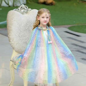 Little Girls Mesh Sequins Cloak Princess Rainbow Tulle Cape Halloween Party Costume Kids Queen Shawl Children Birthday Gifts
