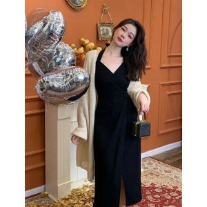 SGC Dress Pure Desire Wind Red Hanging Neck Dress for Women Early Spring A-line Royal Sister Waist Tie Slim Fit Mid Length Dress