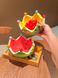 BHQ Watermelon Fruit Plate Creative Ceramic Fruit Fork Set Large Capacity Living Room Coffee Table Fruit Bowl Plate