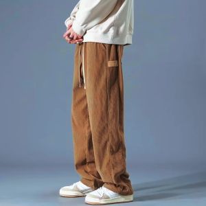 Fashion Corduroy fabric Loose Multiple pockets Cargo pants Plain Elastic waist Straight pants