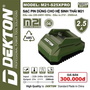 Sạc pin Dekton 21V M21-S25XPRO – 2.5A màu oliu vỏ chống cháy sạc nhanh cho pin M21