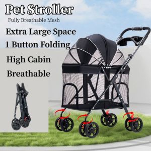 Pet Stroller Foldable Washable Dog Cat Carrier 4 Wheels Lightweight Trolley Dog Cat Stroller